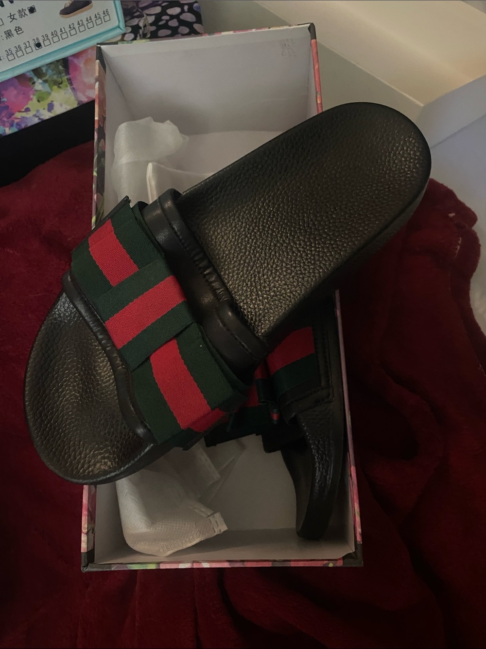 Gucci Black Slides with Green and Red Striped Strap